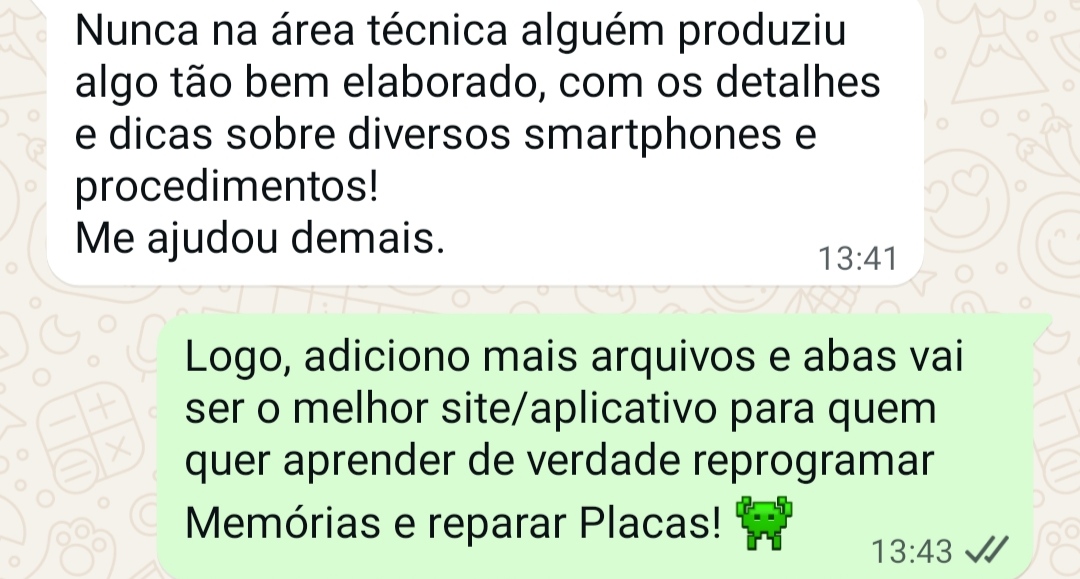 Print de conversa no WhatsApp em que o aluno diz nunca ter visto material tão bem elaborado na área técnica, com dicas sobre smartphones